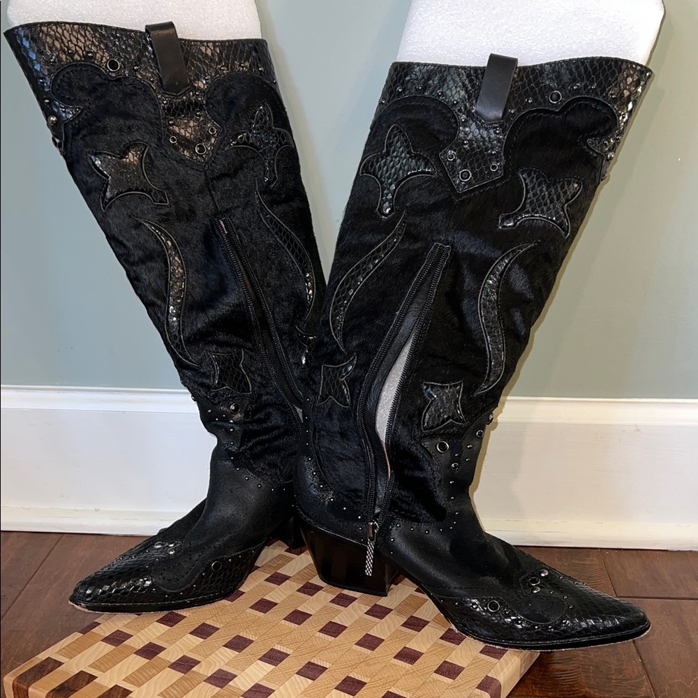 Donald J. Pliner Black Leather Accented Cowboy Boots Sz 9 - Picture 3 of 11